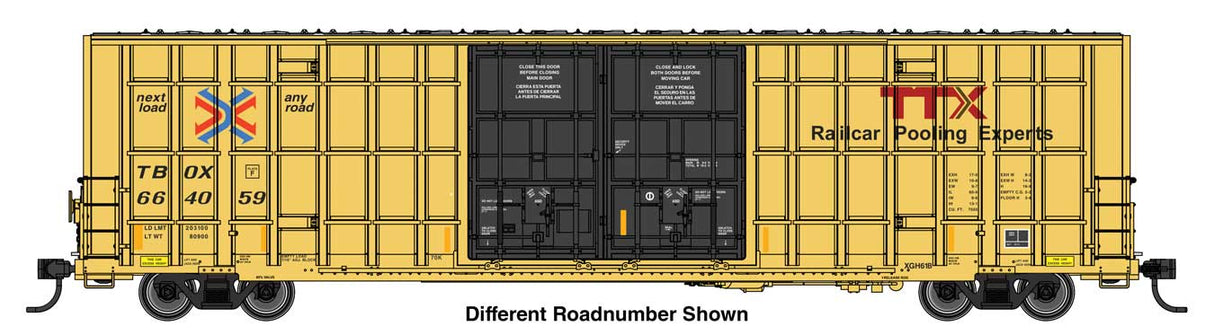 WalthersMainline HO 60' High Cube Plate F Horizontal Post Boxcar - Ready to Run -- TTX TBOX #664211 (yellow, black, Standard Lettering)