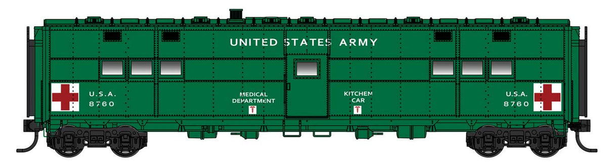 WalthersProto HO ACF-Built Troop Kitchen Car - Lighted - Ready to Run -- US Army Medical Kitchen #8760