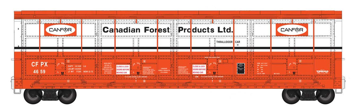 WalthersProto 56' Thrall All-Door Boxcar - Ready to Run -- Canfor (Red) #4659