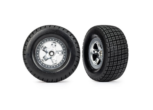 Traxxas 10476 Tires & Wheels, assembled, glued (SCT, satin chrome Wheels, beadlock type (dual profile 2.2" outer 3.0" inner, Hoosier Tires, foam Inserts) (2) (2WD Front)