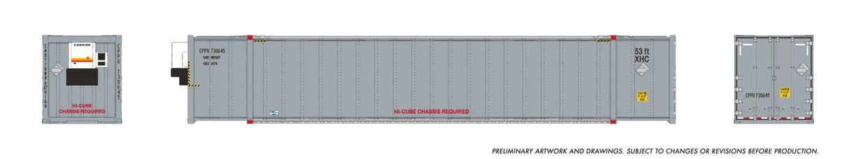 Rapido Trains HO 53' high-cube Container (2-pack): CP - Grey, data