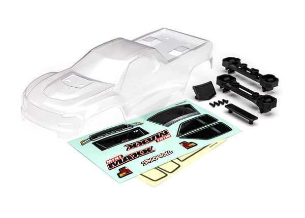 Traxxas 10711 Mini Maxx Body (Clear, requires painting)/ window masks/ Decal Sheet (includes Front & Rear Body Latches, Hardware) (for clipless Mounting)