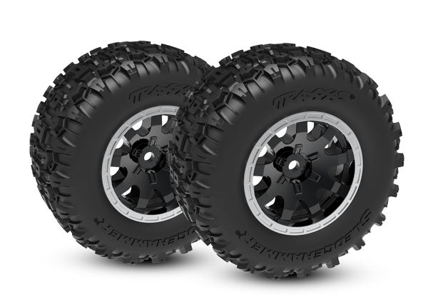 Traxxas 10771-STBLK Mini Maxx Tires & Wheels, assembled (black with satin beadlock Wheels, dual profile (2.1" outer, 2.6" inner), Sledgehammer Tires, foam Inserts)) (Front) (2)