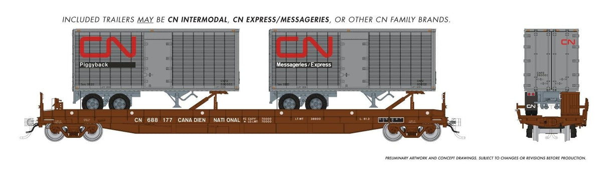 Rapido Trains HO Vancouver Iron Works Piggyback Flatcar: Canadian National: Single Car -- Random Road # from set w/ 26' Trailers