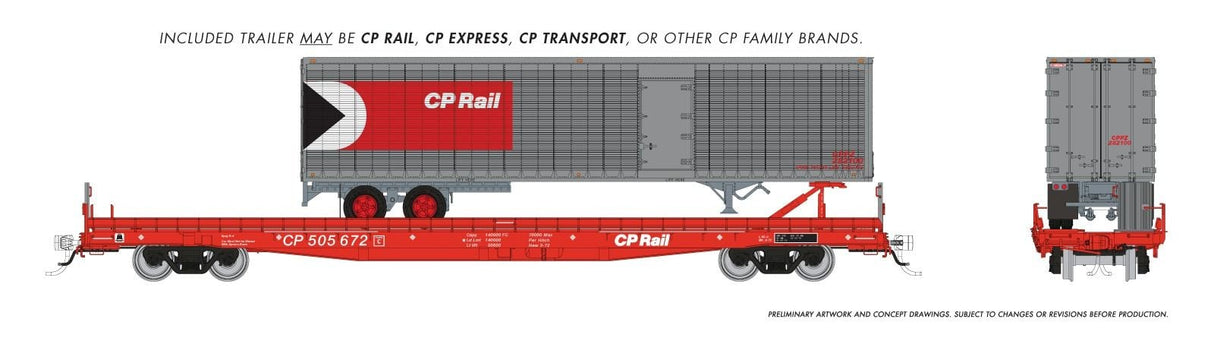 Rapido Trains HO Marine Industries Piggyback Flatcar: CP Rail: Single Car -- Random Road # from set w/ 45' Trailers