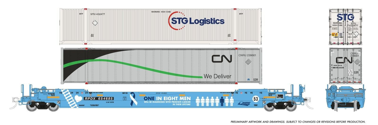 Rapido Trains HO 53' Husky-Stack well car + containers: RPDX