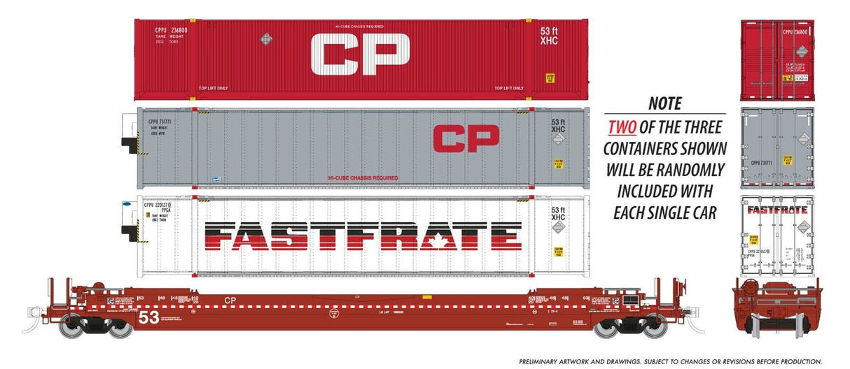 Rapido Trains HO 53' Husky-Stack well car + containers: CP: 3-Pack