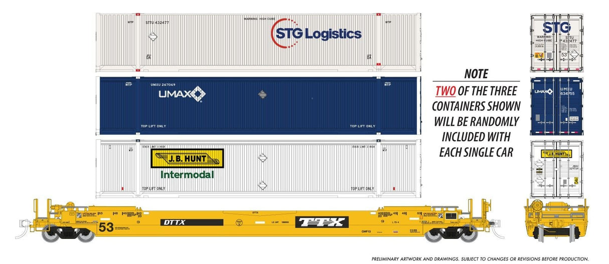 Rapido Trains HO 53' Husky-Stack well car + containers (US): TTX - As Delivered: 3-Pack