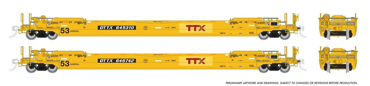 Rapido Trains HO 53' Husky-Stack well car 2-Pack: TTX - Patched Logo: Single Car -- Random Road # from set