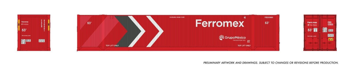 Rapido Trains HO 53' Outside-Braced Container (2-pack): Ferromex - Maroon Arrows