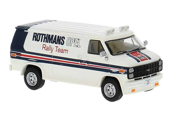 Brekina HO 1970s GMC Verdura Cargo Van - Assembled -- Rothmans Opel Teams (white, black, red)