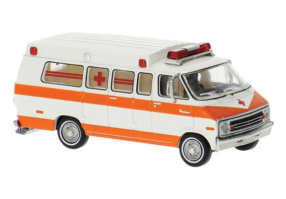 Brekina HO 1970s Dodge Ambulance - Assembled -- Orange, White