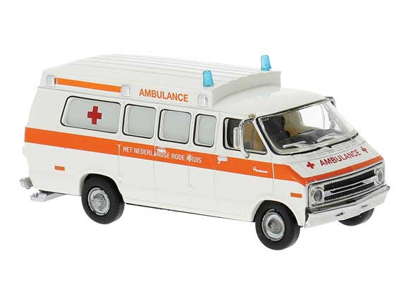 Brekina HO 1970s Dodge Passenger Van Ambulance - Assembled -- Rode Kruis (white, orange, Dutch Lettering)