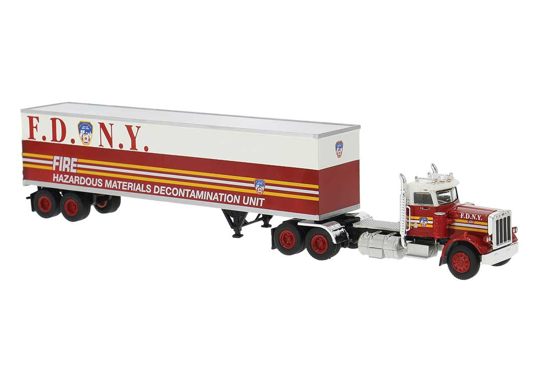 Brekina HO 1973 Peterbilt 359 Day-Cab Tractor - Assembled -- New York Fire Department FDNY (red, white, yellow, Hazmat)