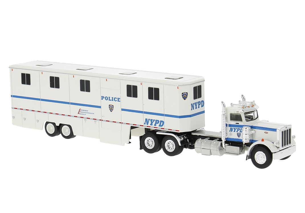 Brekina HO 1973 Peterbilt 359 Day-Cab Tractor with Horse Trailer - Assembled -- New York Police Department NYPD (white, blue)