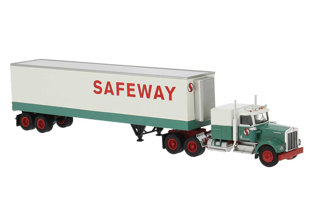 Brekina HO Kenworth W900 Semi Tractor w/Sleeper Cab & Reefer Trailer - Assembled -- Safeway (white, green, red)