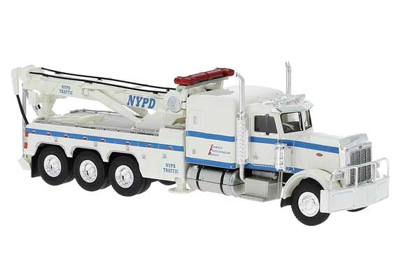 Brekina HO Peterbilt 359 Heavy-Duty Tow Truck - Assembled -- New York Police Department (white, blue)