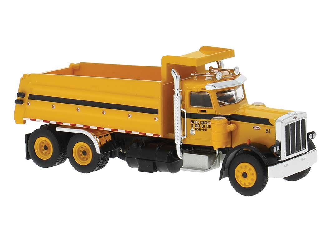 Brekina HO Peterbilt 359 Dump Truck - Assembled -- Pacific Concrete & Rock (yellow, black)