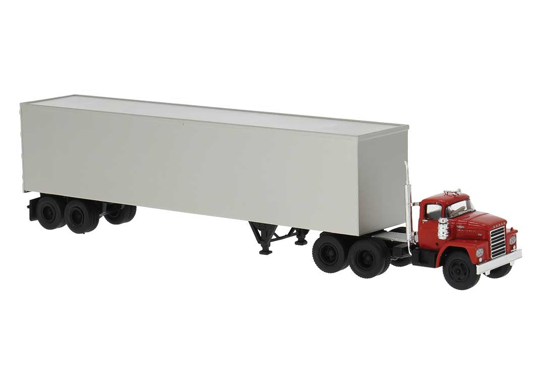 Brekina HO 1960-1976 Dodge LCF CT900 Semi Tractor with Van Trailer - Assembled -- Red w/Gray Trailer