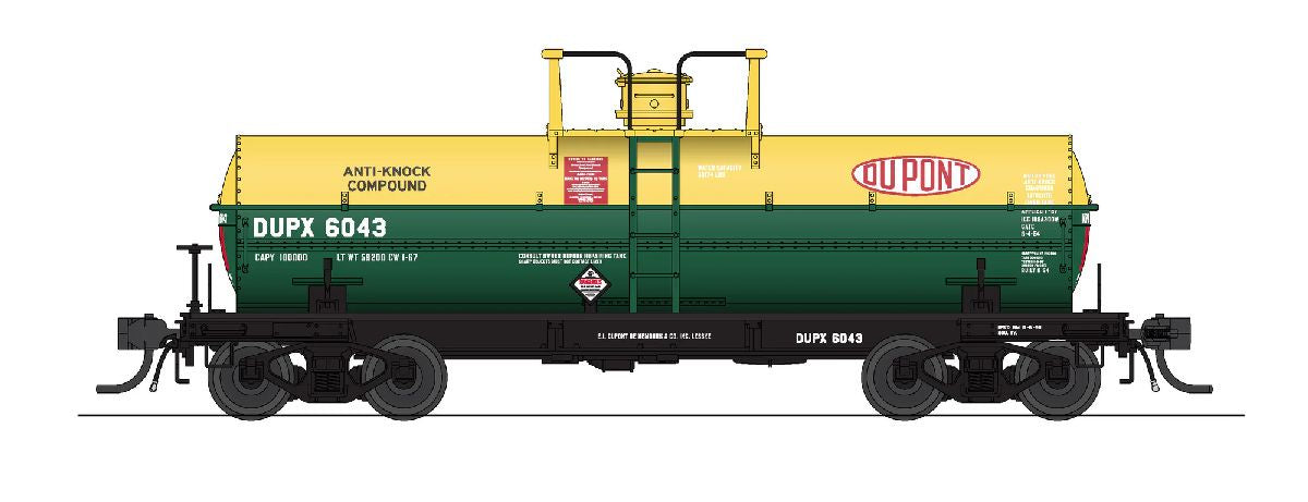 Broadway Limited HO 6000-Gallon Chlorine Tank Car 2-Pack - Ready to Run -- DuPont DUPX #6034, 6033 (green, yellow)