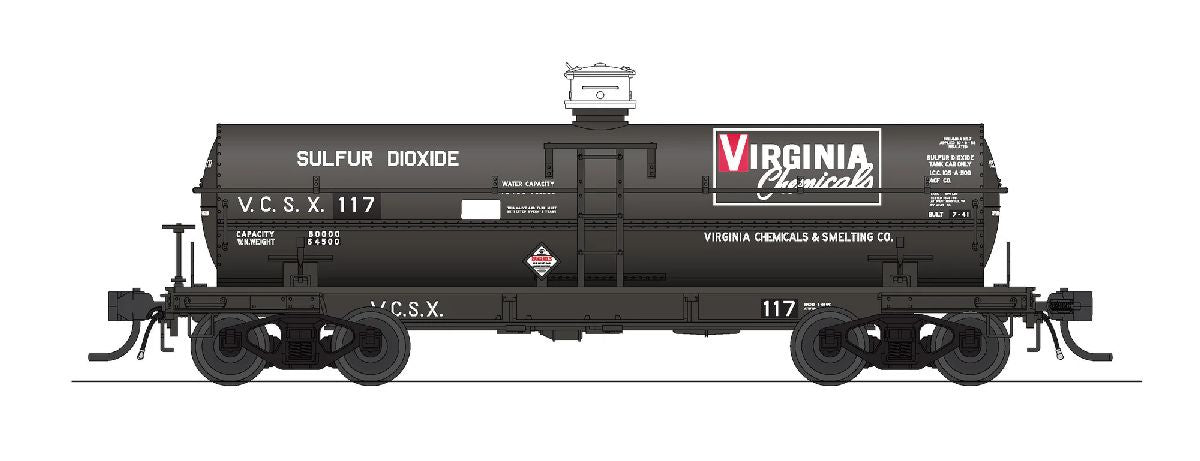 Broadway Limited HO 6000-Gallon Chlorine Tank Car 2-Pack - Ready to Run -- Virginia Chemical VCSX #171, 177 (Billboard Scheme, black, white, red)