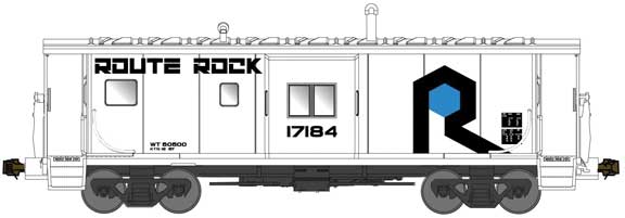 Bluford Shops N International Car Bay Window Caboose Phase 4 - Ready to Run -- Rock Island #17112 (white, black, blue, Route Rock Slogan)