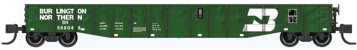 Bluford Shops N-Scale 52'6" 15-Panel Mill Gondola - Lightly Dented Sides - Ready to Run -- Burlington Northern #558203 (Cascade Green, white, Large Logo)