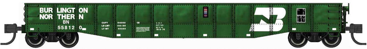 Bluford Shops N-Scale 52'6" 15-Panel Mill Gondola - Heavily Dented Sides - Ready to Run -- Burlington Northern #558120 (Cascade Green, white, Large Logo)