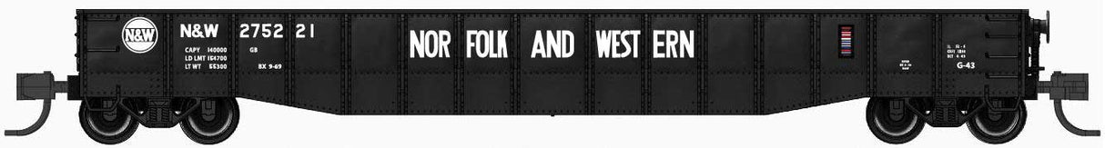 Bluford Shops N-Scale 52'6" 15-Panel Mill Gondola - Heavily Dented Sides - Ready to Run -- Norfolk & Western #275207 (black, white, Hamburger Logo)