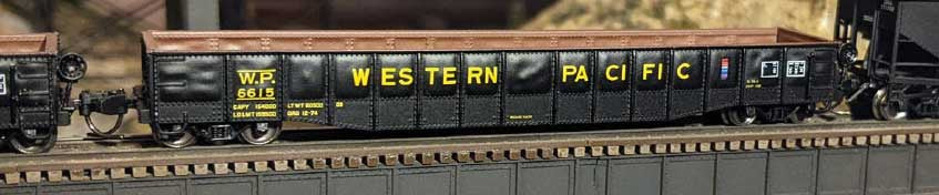 Bluford Shops N-Scale 52'6" 15-Panel Mill Gondola - Heavily Dented Sides - Ready to Run -- Western Pacific #6615 (black, yellow)