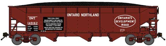 70-Ton Offset-Side 3-Bay Hopper w/Load - Ready to Run -- Ontario Northland #140162 (C&O Coal Service Stencil, Boxcar Red, Oval Logo)