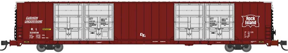 Bluford Shops N-Scale Pullman-Standard 86' Quad Door Auto Parts Boxcar - Ready to Run -- Rock Island #32964 (Boxcar Red, silver, white, black, Shield Logo)