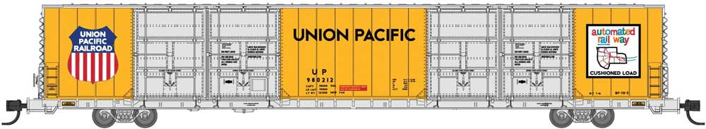 Bluford Shops N-Scale Pullman-Standard 86' Quad Door Auto Parts Boxcar - Ready to Run -- Union Pacific #980219 (Armour Yellow, silver, black, Automated Railway Logo