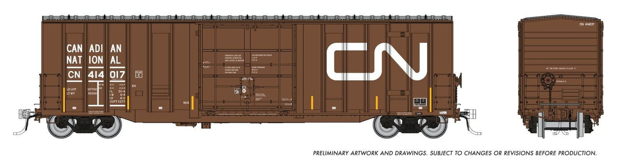 Rapido Trains HO Trenton Works 5277cuft boxcar: CN - Faded w/conspicuity stripes: 6-Pack