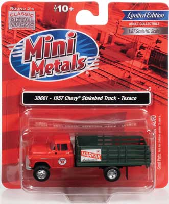 1957 Chevy Stakebed Truck - Assembled -- Texaco (Cardinal Red, green white, Marfak Sign)