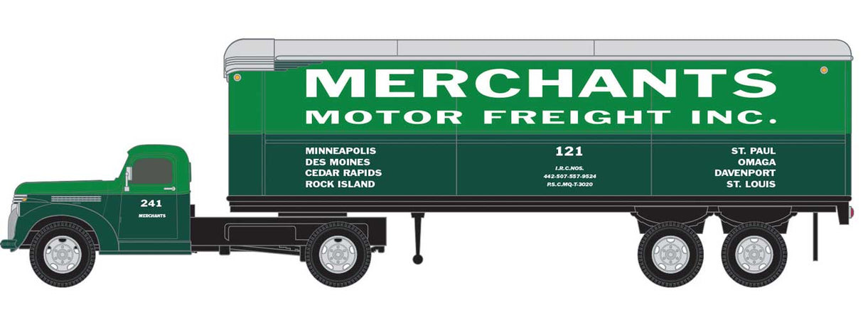 Mini Metals 1941-1946 Chevrolet Tractor w/AeroVan Trailer - Assembled - Mini Metals(R) -- Merchants Motor Freight (2-Tone Green, white) - 221-31203