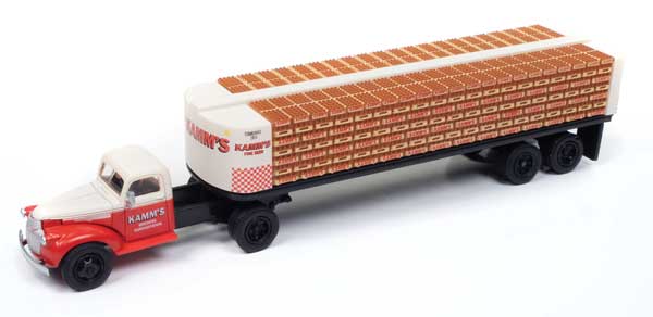 Classic Metal Works HO 1941-1946 Chevrolet Tractor w/Flatbed Trailer &amp; Load - Assembled - Mini Metals -- Kamm's Beer (red, white)