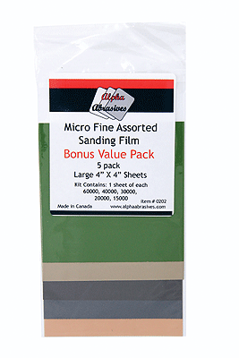Micro Fine Assorted Sanding Film - Sheets - 4 x 4"  10.2 x 10.2cm -- 1 Each: 15000-, 20000-, 30000-, 40000- & 60000-Grit