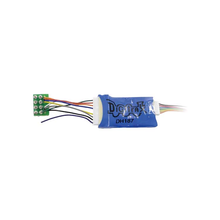 Digitrax DH187D Series 7 Mobile DCC Control Decoder -- 8-Pin Med Plug, 9-Pin Socket & PS-Harness 1A/2A, 2 FX7 Functions, 1.2" Wire