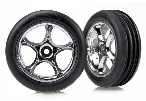 Traxxas 2471R Tires & Wheels, assembled (Tracer 2.2' chrome Wheels, Alias ribbed 2.2' Tires) (2) (Bandit Front, soft compound w/ foam Inserts) - TRA2471R