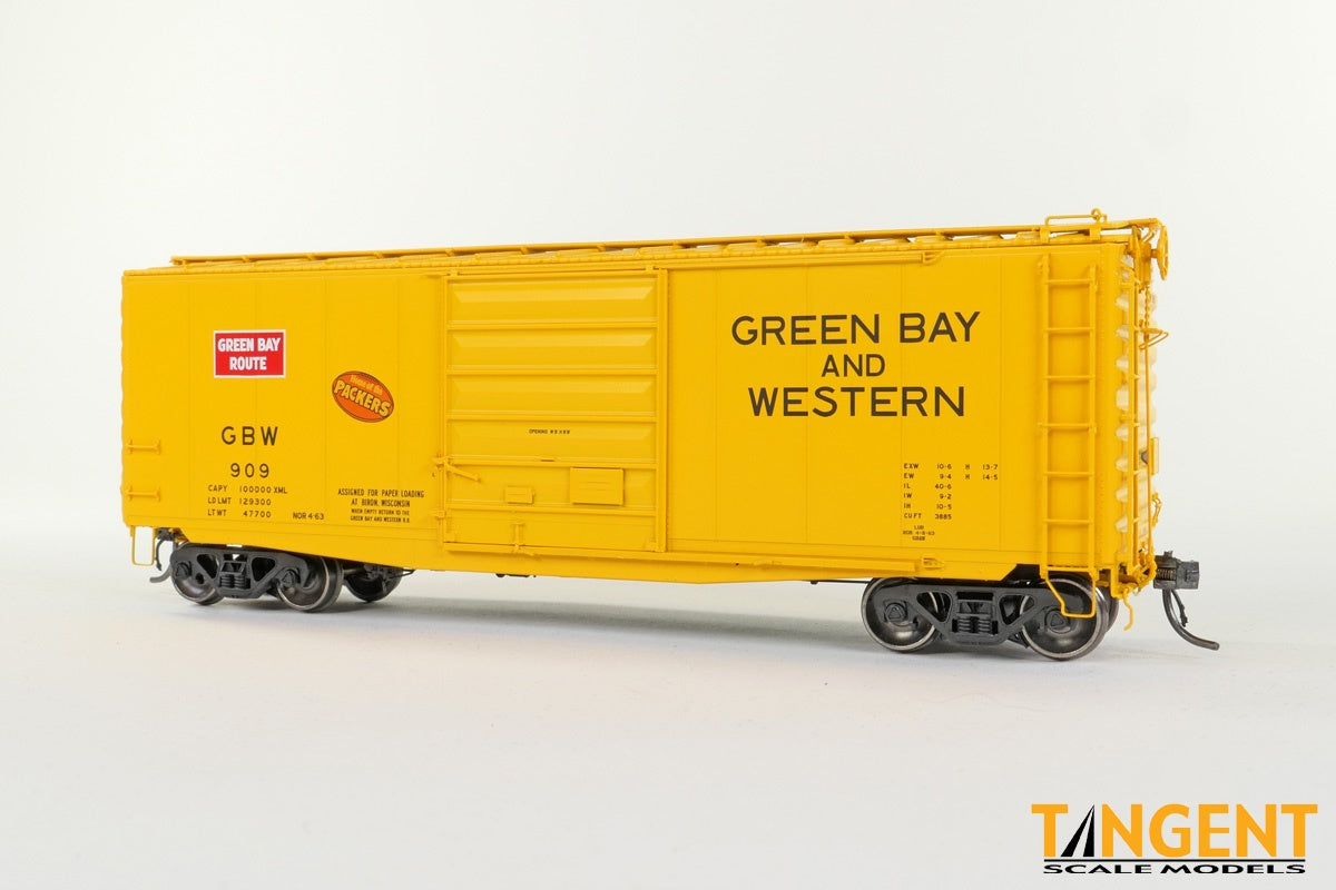 Tangent HO Green Bay and Western (GB&W) Yellow Repaint 1963+ 40′ PS-1 9' Door Boxcar - #945