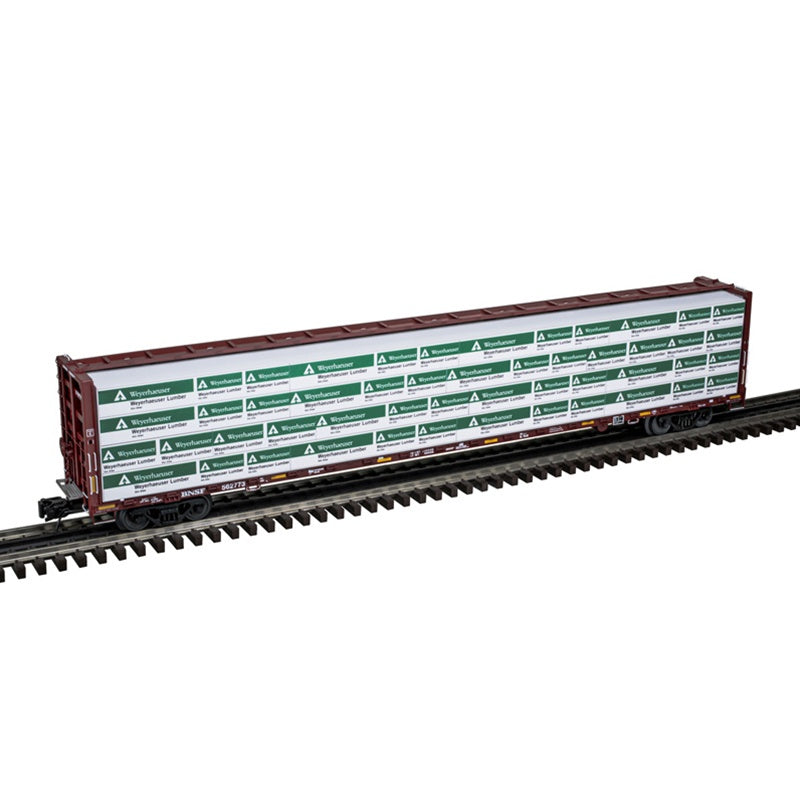 Atlas O 73' Centerbeam / Center Divider Flatcar w / Load - 3-Rail - Ready to Run - Premier -- BNSF Railway (Boxcar Red) #562746