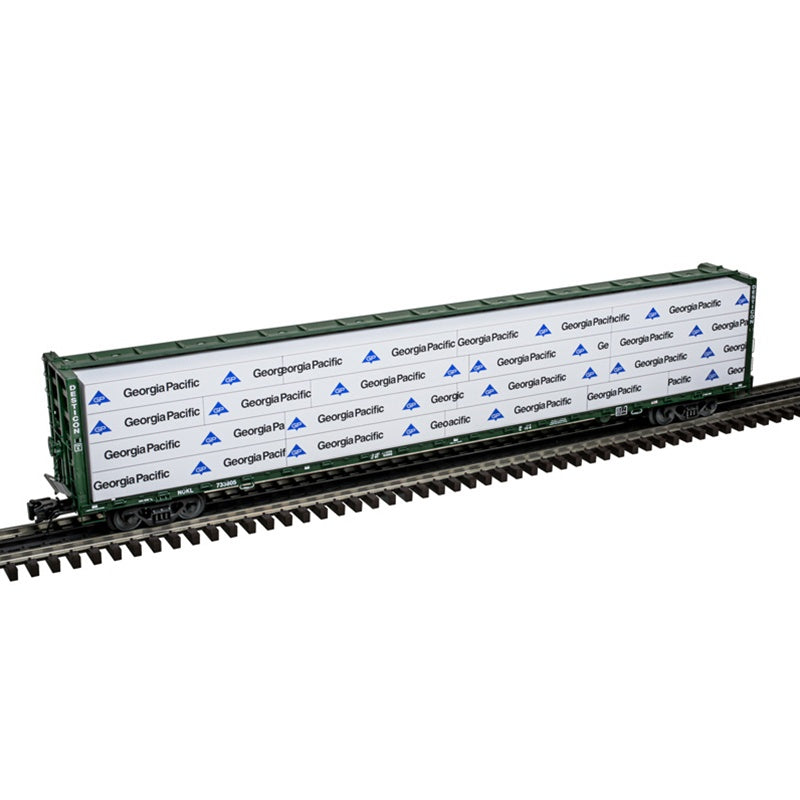 Atlas O 73' Centerbeam / Center Divider Flatcar w / Load - 3-Rail - Ready to Run - Premier -- Desticon NOKL (green) #733840