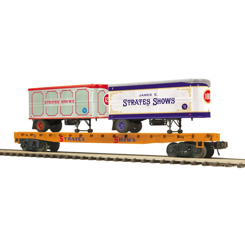Atlas O 3002597  Flatcar with 2 20' Trailers - 3-Rail - Ready to Run - Premier -- James E. Strates Shows #16 (orange Flatcar)