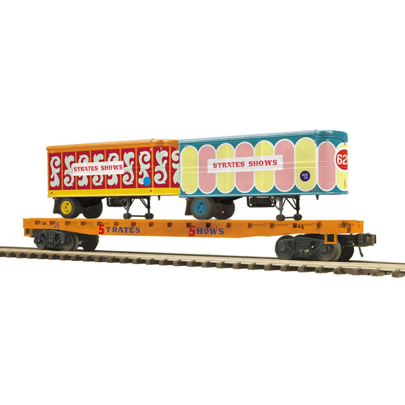 Atlas O 3002598  Flatcar with 2 20' Trailers - 3-Rail - Ready to Run - Premier -- James E. Strates Shows #26 (orange Flatcar)