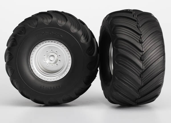 Traxxas 3663 Tires & Wheels, assembled, glued (satin chrome Wheels, Terra Groove dual profile Tires, foam Inserts) (2WD electric Rear) (2) - TRA3663