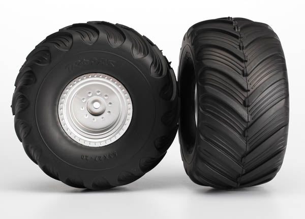 Traxxas 3665 Tires & Wheels, assembled, glued (satin chrome Wheels, Terra Groove dual profile Tires, foam Inserts) (nitro Rear/ electric Front) (2) - TRA3665