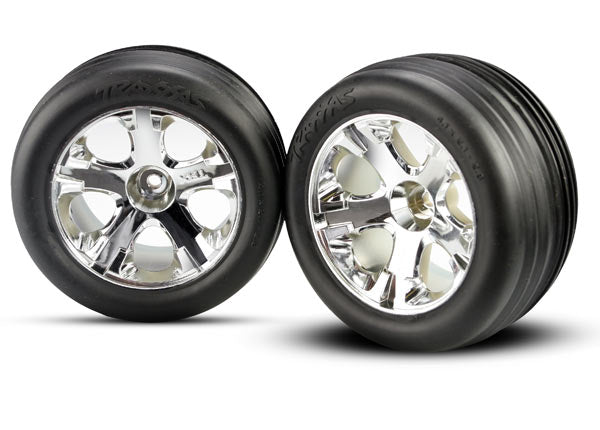 Traxxas 3771 Tires & Wheels, assembled, glued (2.8') (All-Star chrome Wheels, ribbed Tires, foam Inserts) (electric Front) (2) - TRA3771