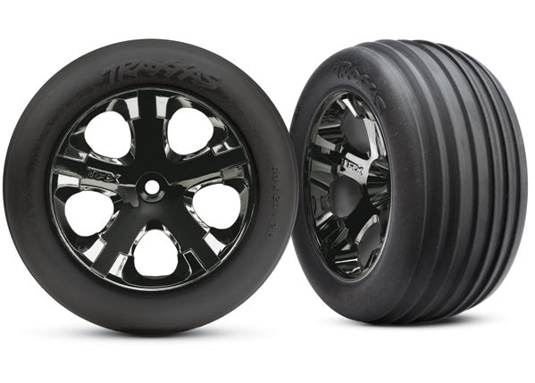 Traxxas 3771A Tires & Wheels, assembled, glued (2.8') (All-Star black chrome Wheels, ribbed Tires, foam Inserts) (electric Front) (2) - TRA3771A