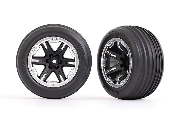 Traxxas 3771X Tires & Wheels, assembled, glued (2.8') (RXT black & satin Wheels, ribbed Tires, foam Inserts) (electric Front) (2)